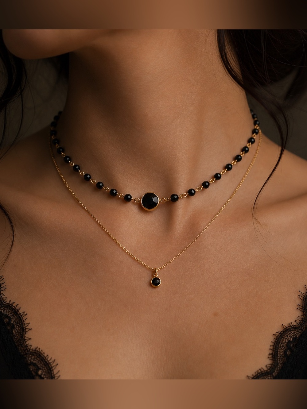 Black Onyx Choker Gold Filled Dainty Necklace Minimalist Dark Feminine Jewelry - Picture 4 of 4